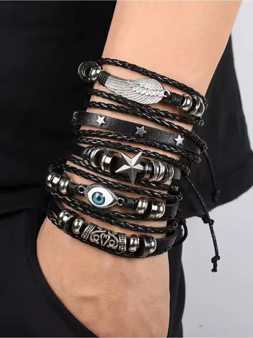 Black Leather Multi-Strand Woman’s Bracelet with Silver Charms.(5 bracelets)